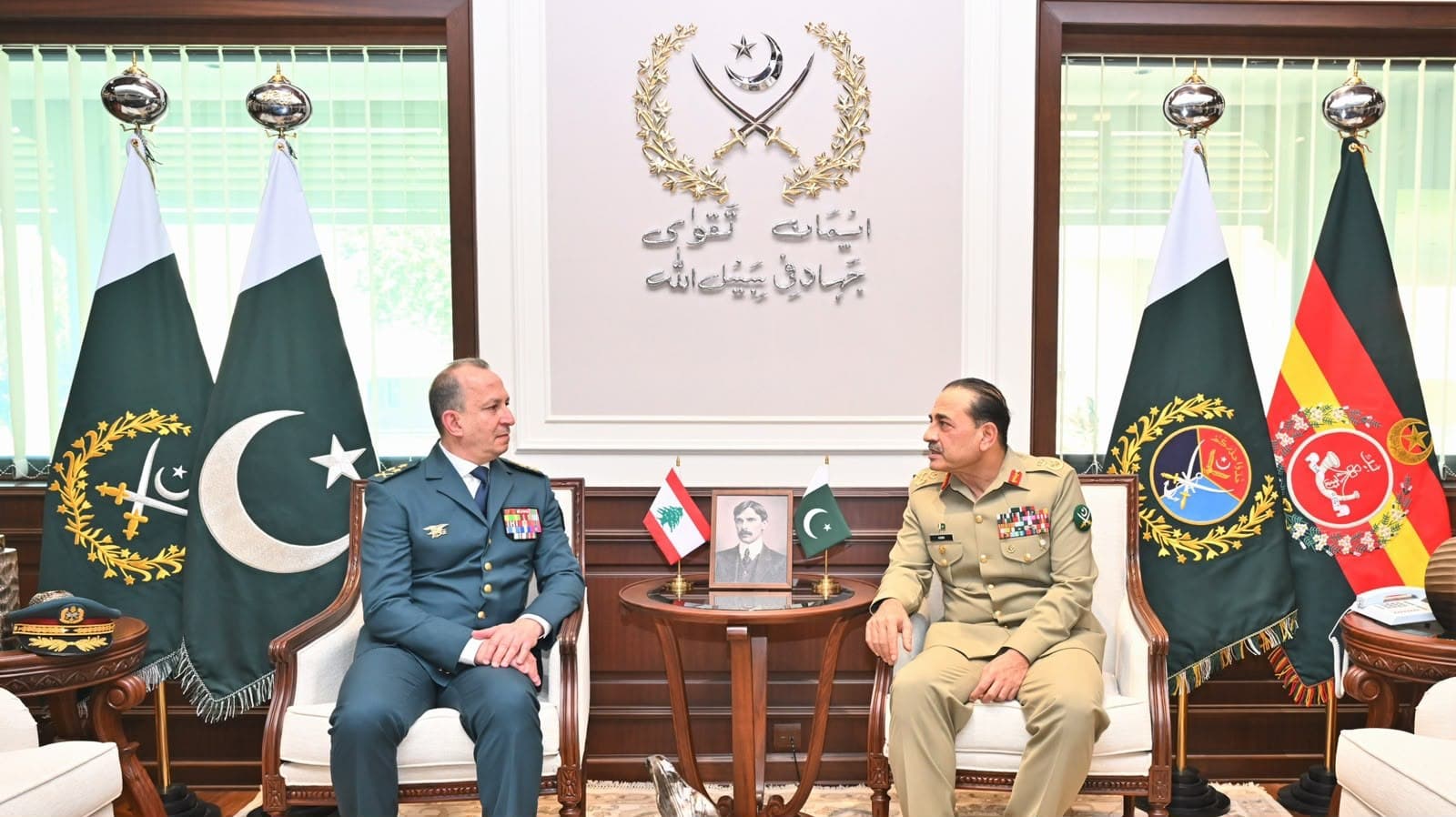 General Rodolphe Haykal in conversation with Field Marshal Syed Asim Munir during their meeting at the General Headquarters in Rawalpindi.